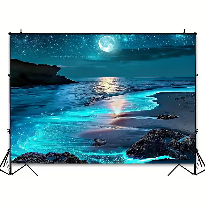 2D Magical Night Beach with Glowing Bioluminescent Waves Backdrop