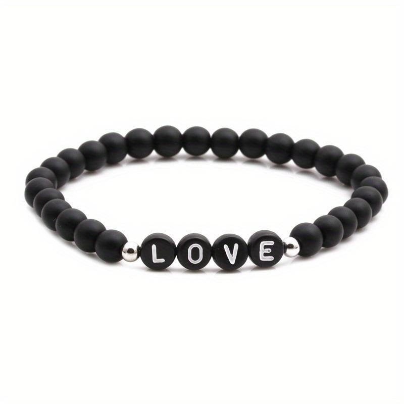 Natural Stone 6mm Beads Bracelet for Mom Mama Women Initial Letters Family Bless Bangles Mother's Day Gifts Jewelry Matte black