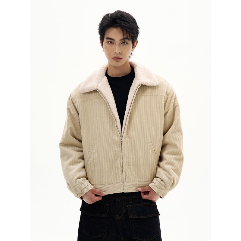 Kisko Barn Style Winter Corduroy Fur Collar Thickened Cotton Jacket for Men and Women, High-End Loose Casual Short Coat