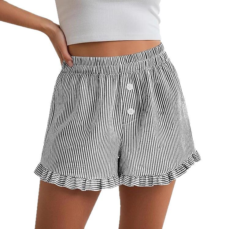 Women's Y2K Ruffle Striped Casual Shorts with Pockets - Spring/Summer Pajama Beachwear