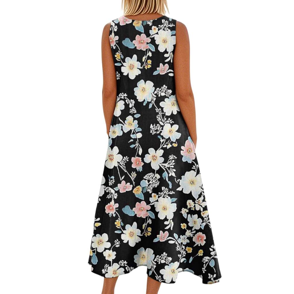 Women's Fashion Summer Casual Sleeveless Floral Printed Small Pocket Dresses