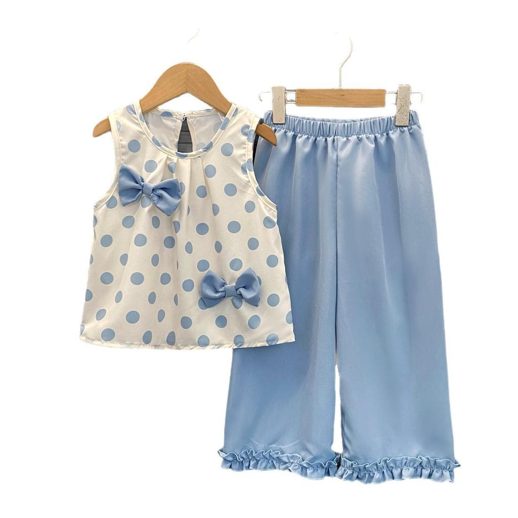 Summer Girls' Polka Dot Bowknot Vest & Straight Leg Pants Set - Fresh Fashion for Kids