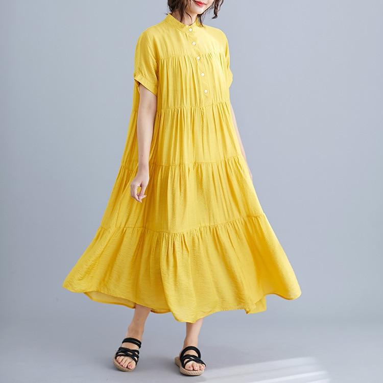 Johnature Solid Color Stand Collar Short Sleeve Button Loose Casual Long Thin Women Dresses Summer Causal Korean Dress