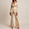 Damen Satinsuit Set Champagner Eleganter Blazer Schlaghose Zweiteiler Büro Party Kleidung Slim Fit Luxuriös Glänzend Mode Outfit