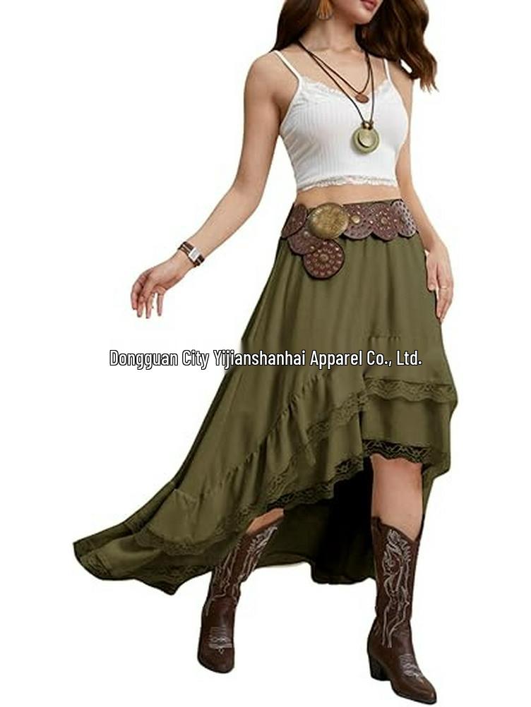 2026 Bohemian Style Printed Waist-Cinched Retro Short Skirt with Elegant Long Lace Design