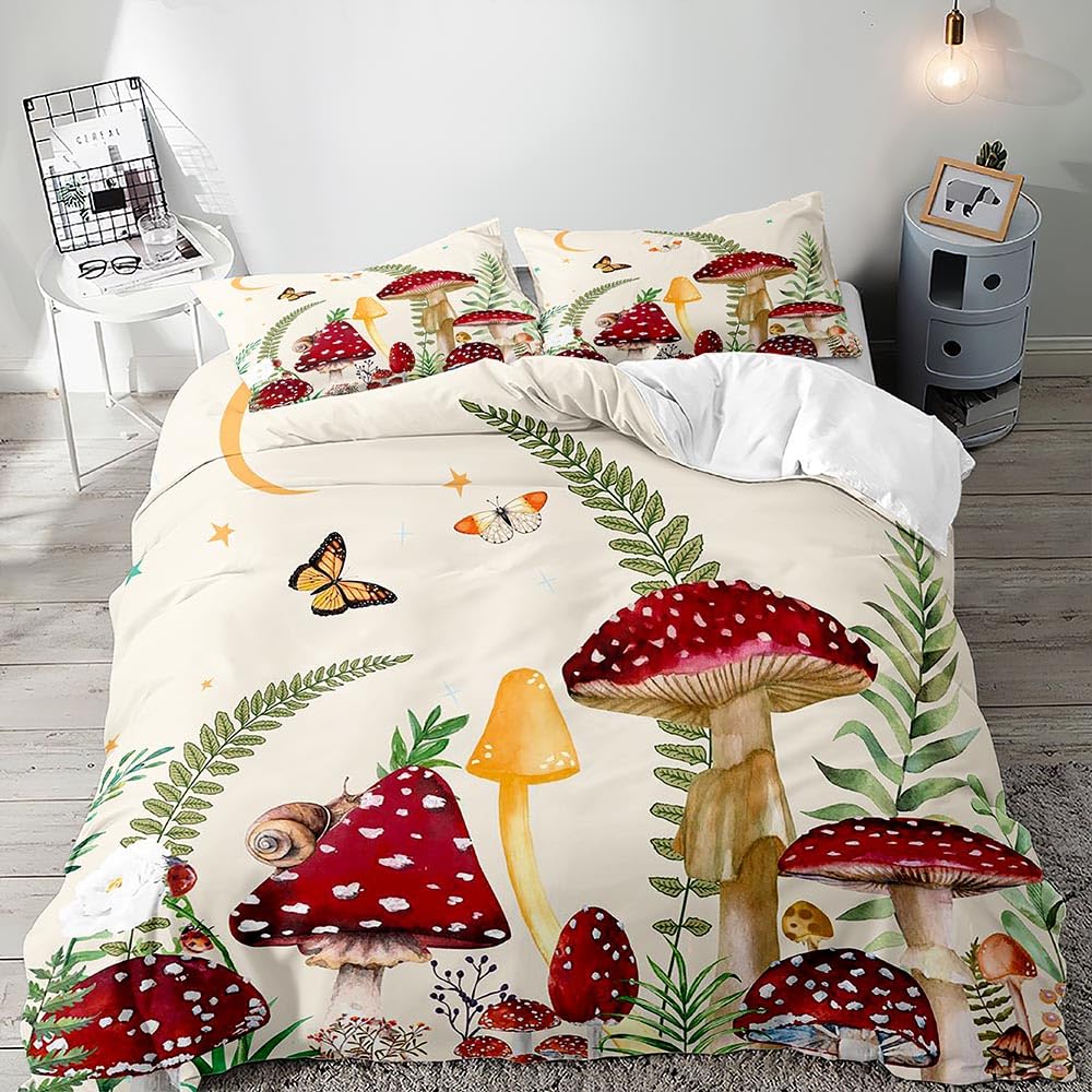 Mushroom King Duvet Cover Set Teens Girls Boys Kids Single Bedding Wonderland Enchanted Forest Butterfly Comforter Cover Set