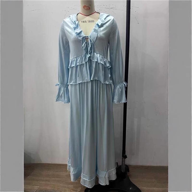 European & American Style Romantic Lace-up Ruffle Top and Long Skirt Set