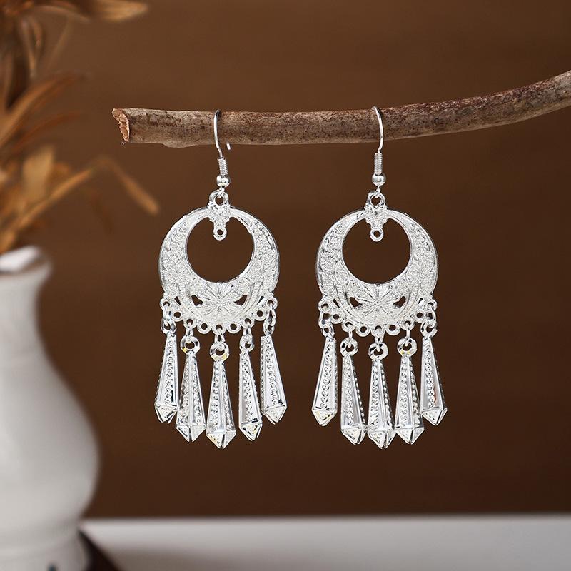 Ethnic Miao Silver Tassel Earrings - Retro Long Dangle Scenic Studs for Women
