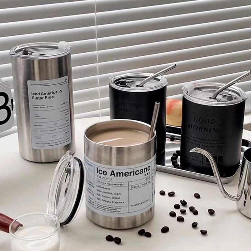 Stainless Steel Insulated American Coffee Mug Portable Outdoor Mug With Straw 320Ml