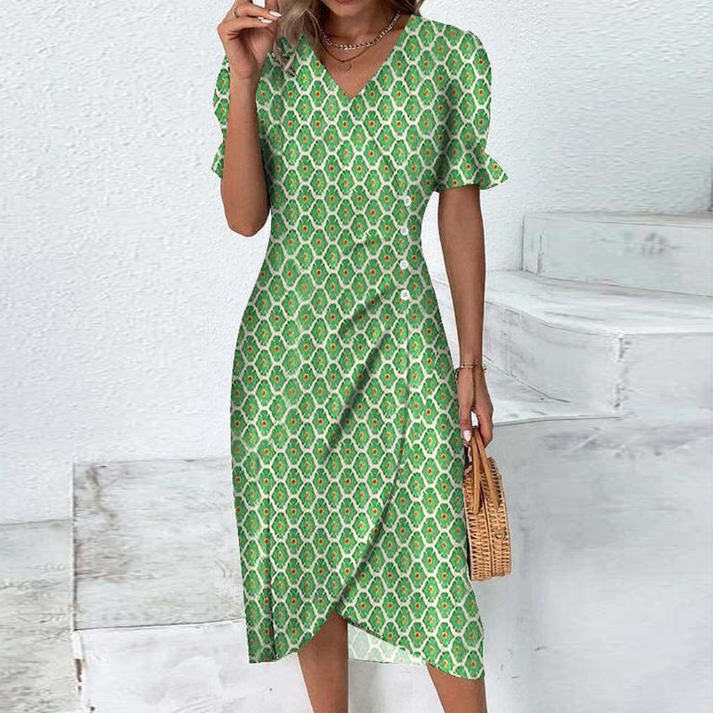 Women's Summer Casual Dress V Neck A-line Boho Ditsy Floral Flounce Sleeve Wrap Hem Dress