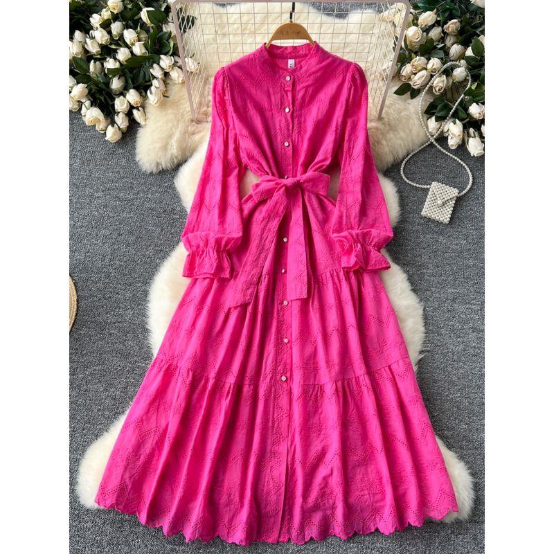 French Style Retro Stand Collar Single-Breasted Long Sleeve Waist-Tight Dress Women's Sweet Machine Embroidery Crocheted Long Vacation Skirt