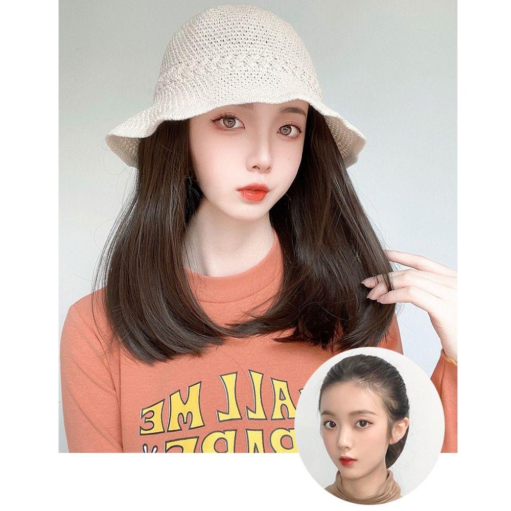 Women Girls Spring Straight Bob Wigs Fisherman Hat Wig Sunshade Hat Short Wigs Bucket Hat Fake Hair