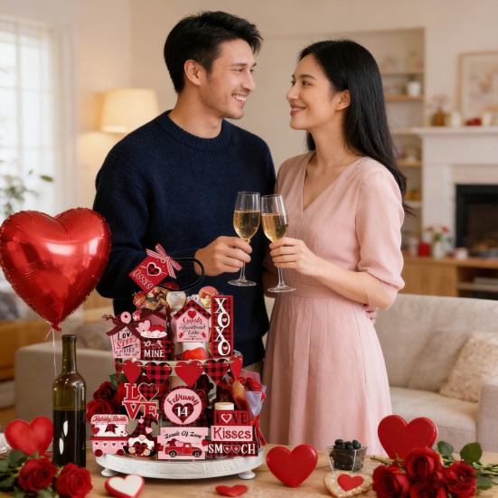 17Pcs/Set Valentine's Day Tiered Tray Decoration Love Heart Gnome Wooden Table Sign Rustic Farmhouse Desktop Layered Tray Ornament