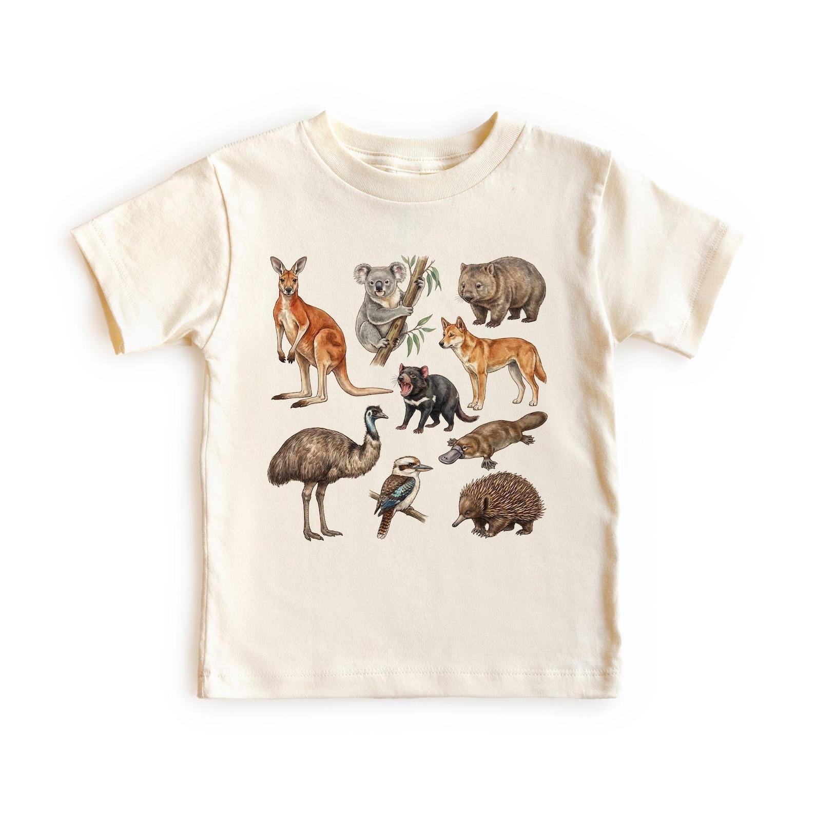Australian Animals Field Guide T-Shirt: Kangaroo, Koala, Wombat, Dingo, Tasmanian, Platypus, Emu, Kookaburra, Echidna 150