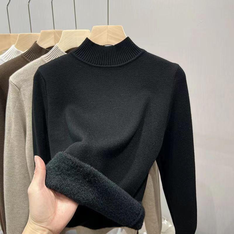 Autumn and Winter Plush Thick Velvet Base Women's Sweaters Long Sleeve Half High Collar Warm Knitted Sweater Ladies Elegant Solid Pullover Tops 24870