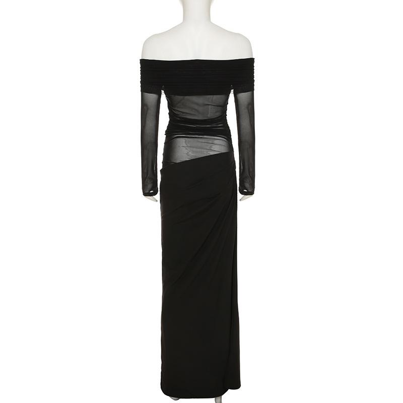 Damskie sukienki Spice Girls z seksownym, przezroczystym temperamentem, plisowaną talią, jednym ramieniem, siateczką i długim rękawem