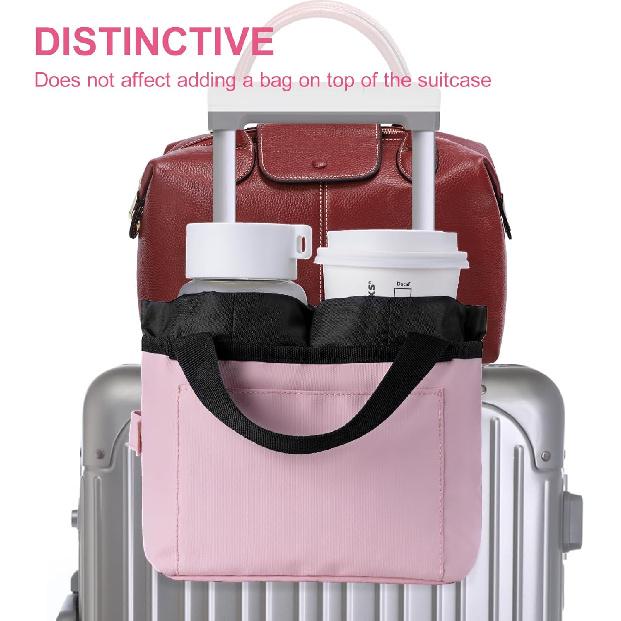 Luggage Cup Holder - Multifunctional Travel Caddy - Fits Suitcase Handles, Also, As A Stroller & Automotive Cup Holder - Pink