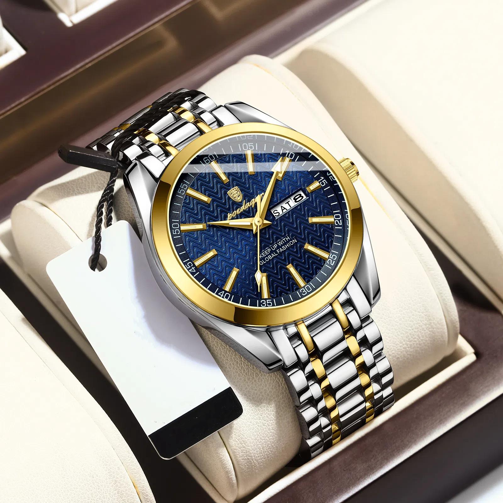 

POEDAGAR Брендовые деловые мужские часы из нержавеющей стали Водонепроницаемые светящиеся кварцевые часы с датой и неделей класса люкс для мужчин синий/золотой