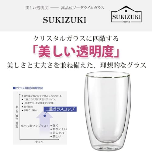 SUKIZUKI Double-Walled Glasses, Double-Layered, Heat-Resistant, Large Capacity, Condensation-Free, Shatter-Resistant, Insulates for Hot and Cold Drink