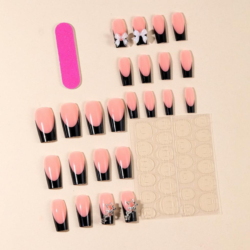 Medium Rectangle Black French Star Pendant Ice Bow Removable Fake Nail Art Tips