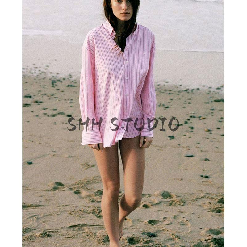 Spring New Women's Clothing Commute Leisure Easiest for Match Loose Comfortable Lapel Long Sleeves Stripes Shirt 2492161