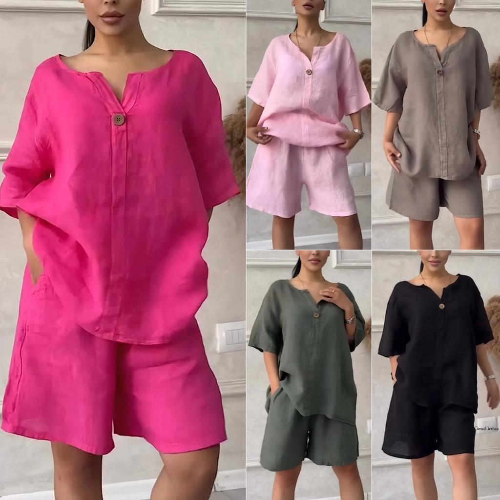 Sommer Damen Übergröße Hemdanzug High Waist Lockerer Shortsanzug