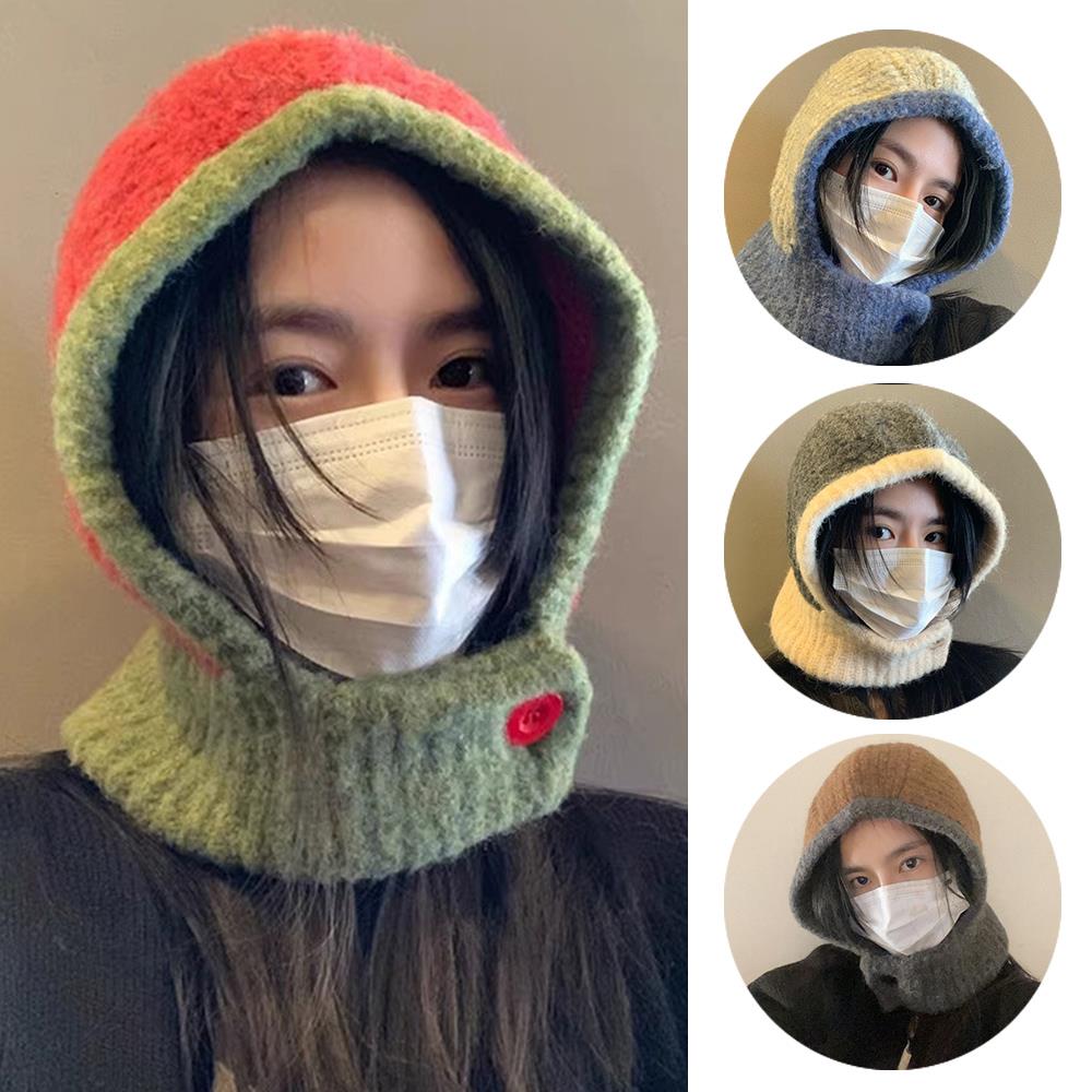 New Women Knitted Hat Balaclava Women‘s Winter Hood Warm Anti-Pilling Neck Collar Beanies CapLadies Windproof Earflaps Scarf Hat