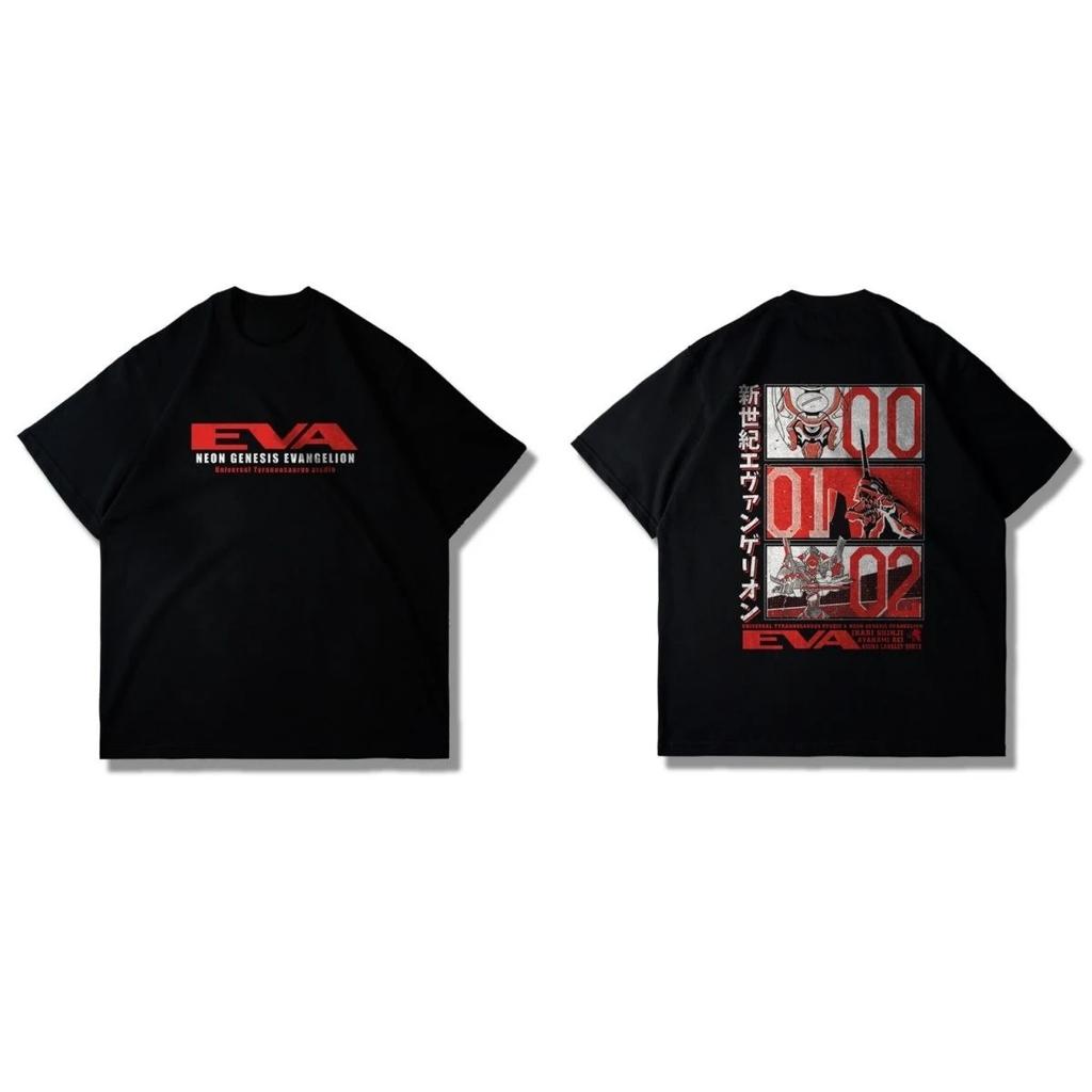 Stylisches Schwarzes Baumwoll-T-Shirt mit Neon Genesis Evangelion EVA-Logo und ikonischen Einheiten 00/01/02 Print für Damen und Herren