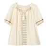 Women's Embroidered Linen Blend Puff Sleeve Top