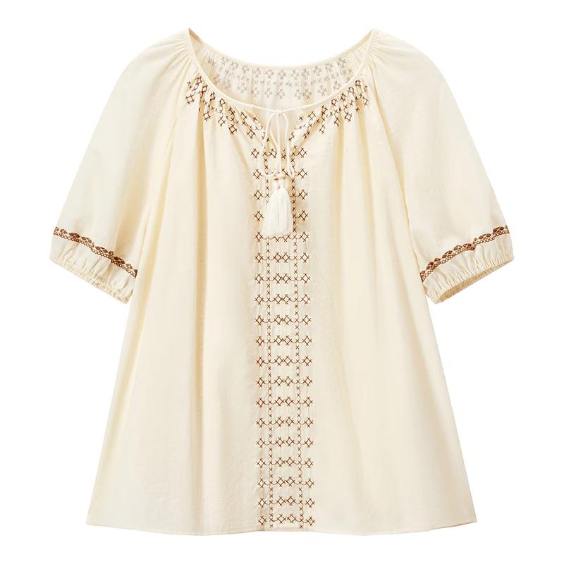 Women s Embroidered Linen Blend Puff Sleeve Top S