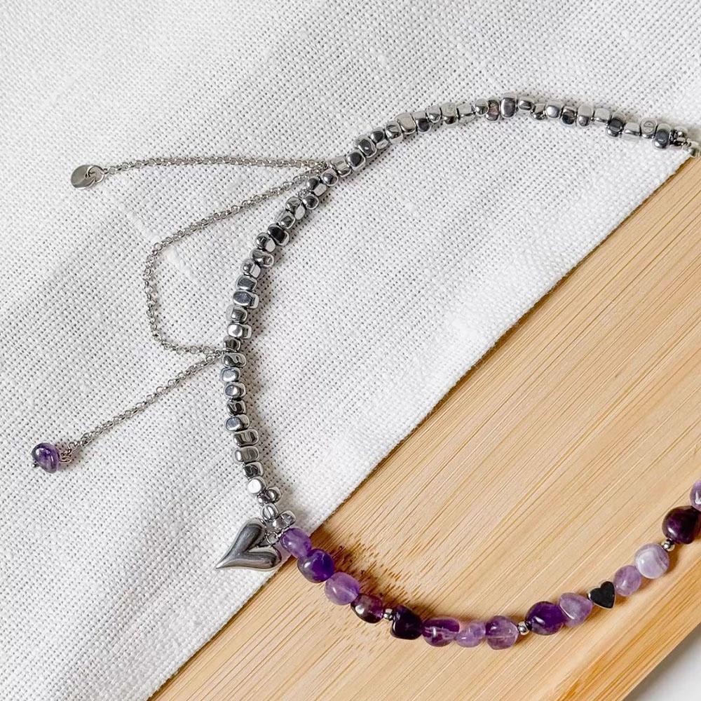 Vintage Heart Pendant Natural Purple & Black Gall Stone Chain Necklace for Women Choker Jewelry N0500