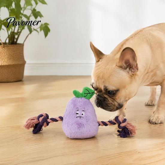 Aggressive Chewer Toy Stuffed Vegetable Dog Toy, Interactive Squeaky Chew Plush Carrot Eggplant Green Pepper with Rope Arm for Tug-of-war, Small