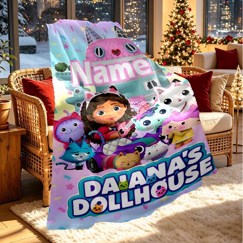 Custom Name Personalized Gabby's Dollhouse Print Blanket, Home Decor, Bedroom, Sofa, Camping, Couch, Gifts for Birthday Christmas