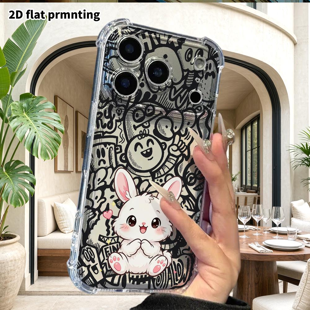 Phone Case: 2D Flat Suitable for iPhone 18 17 16 15 14 13 Pro, Transparent with Corner Protection, Cute White Rabbit, Christmas and Halloween Gift