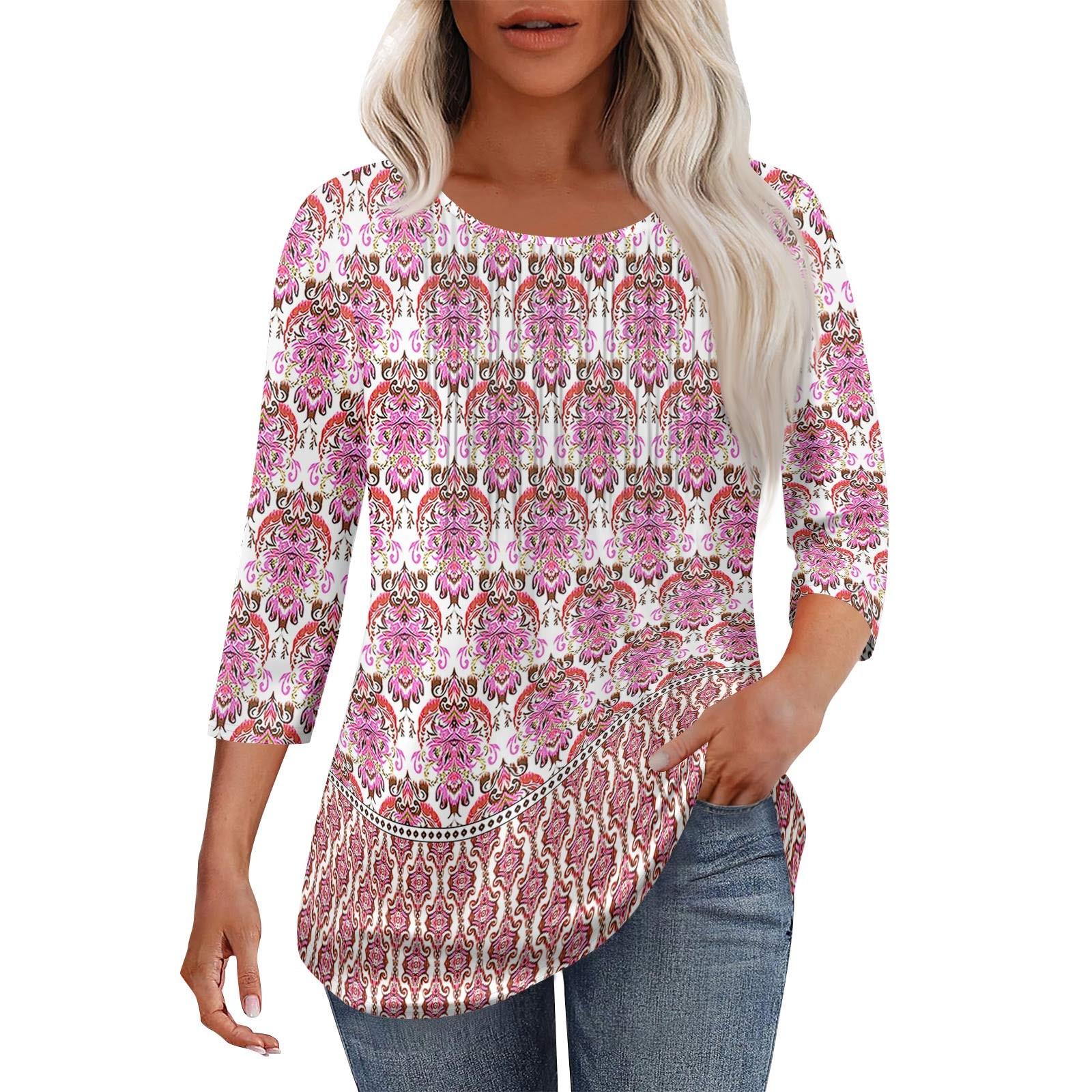 

Women s Fashionable Casual Pleated Round Neck Casual Floral Print Seven Quarter Sleeved T-shirt Top XL рожевий