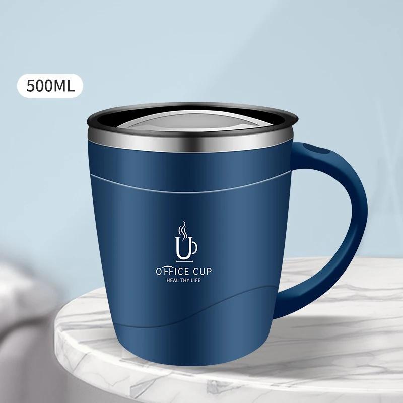 500ml Coffee Mug 304 Stainless Steel Double Layers Coffee Cup with Handle Leak-Proof Slide Cover Portable Thermal Water Bottle