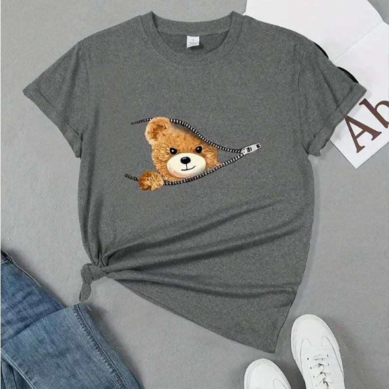 

Футболка с графическим принтом медведя, короткий рукав, круглый вырез, повседневный топ для лета и весны, женская одежда 6XL серый