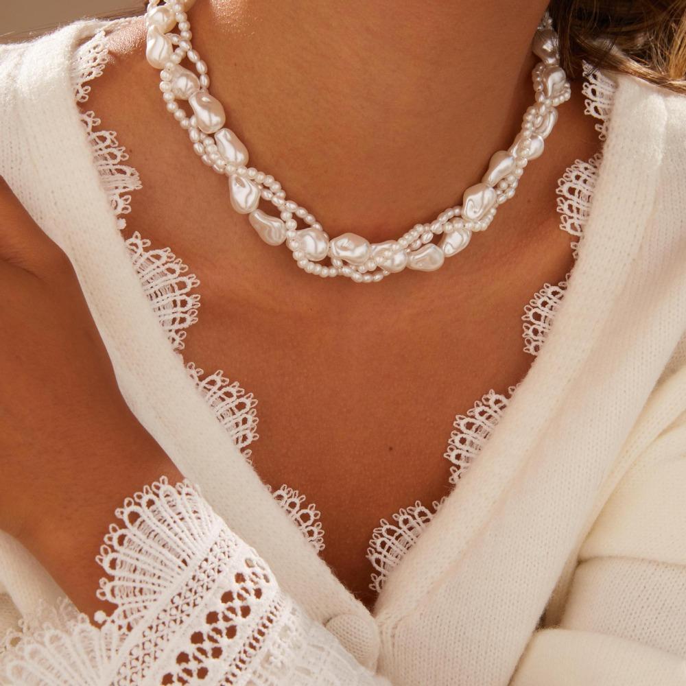 White Pearl Choker Chain Necklace Baroque Pearl Long Chain Necklace Pearl Necklace  For Women Lady