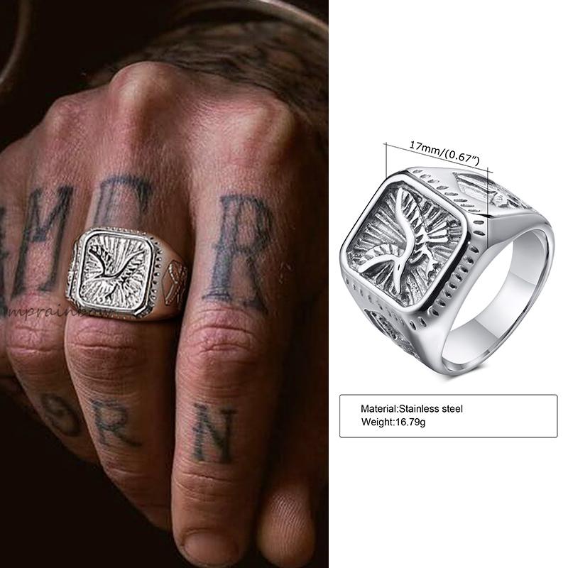 Eagle Square Signet Ring for Men,Winged Eagle Men Jewelry,Wild Bird Ring,Stainless Steel Mens Rings, Pinky Signet Rings for Men US SIZE 8