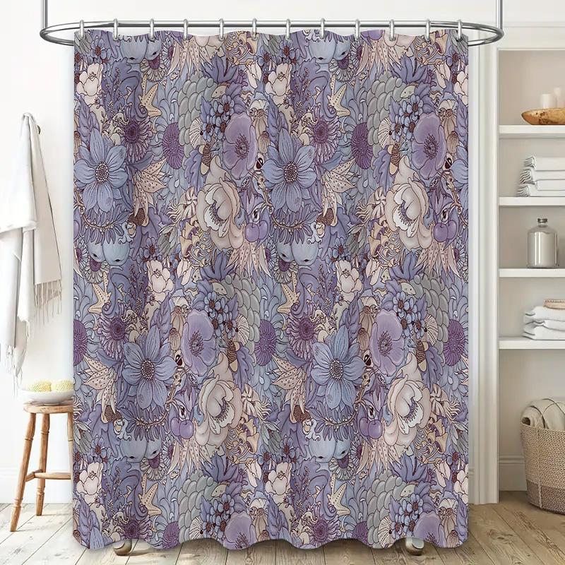 Floral Shower Curtain Vintage Blue Botanical Pattern Bathroom Decor Waterproof Fabric Liner Set