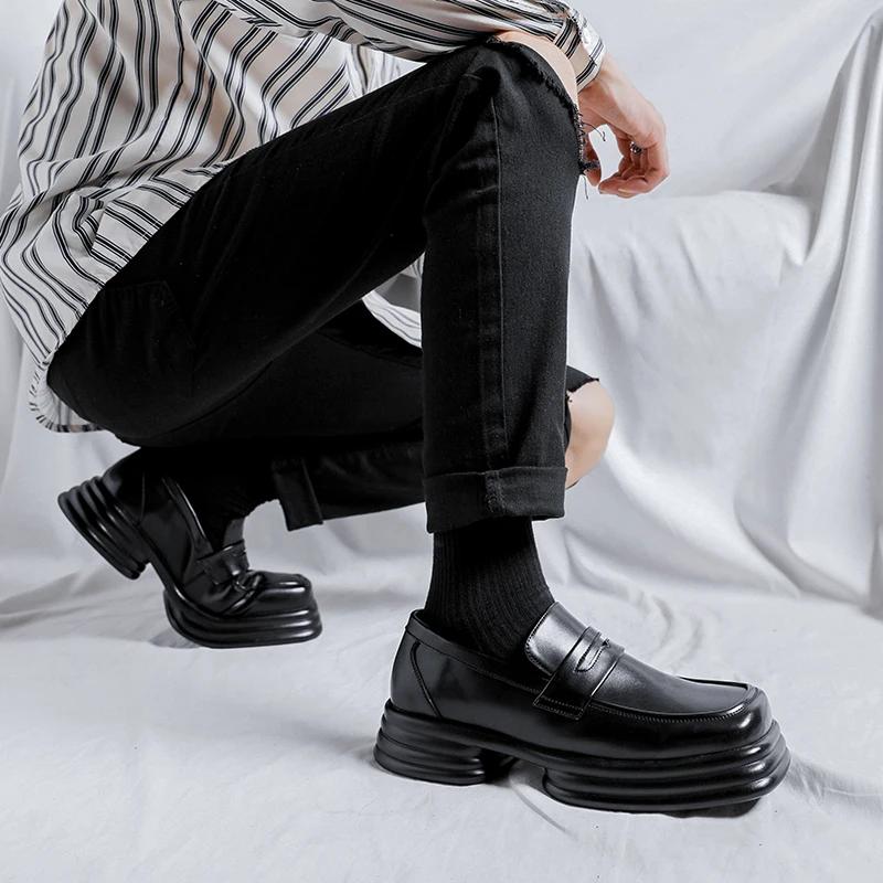 Men Square Toe Black Loafers Thick Sole PU Solid Color Mask Decoration Versatile Work Shoes Fashionable Business Men Shoes