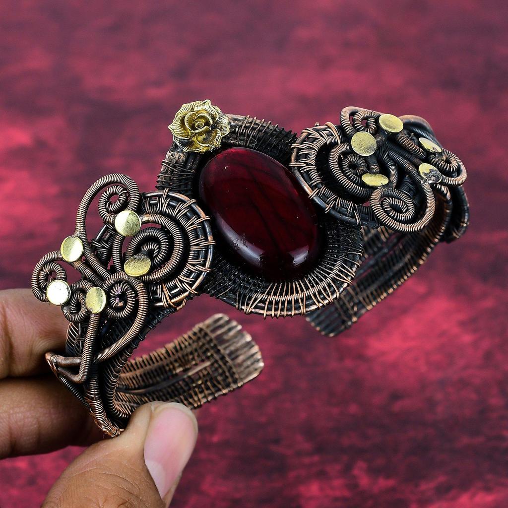 Red Fire Labradorite Cuff Bracelet Copper Wire Wrapped Flower Adjustable Bangle