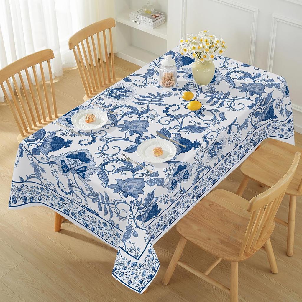 Rechteckige Tischdecke mit blau-weißem Blumenmuster, wiederverwendbar und wasserfest, für Küche, Esszimmer und Feiertage