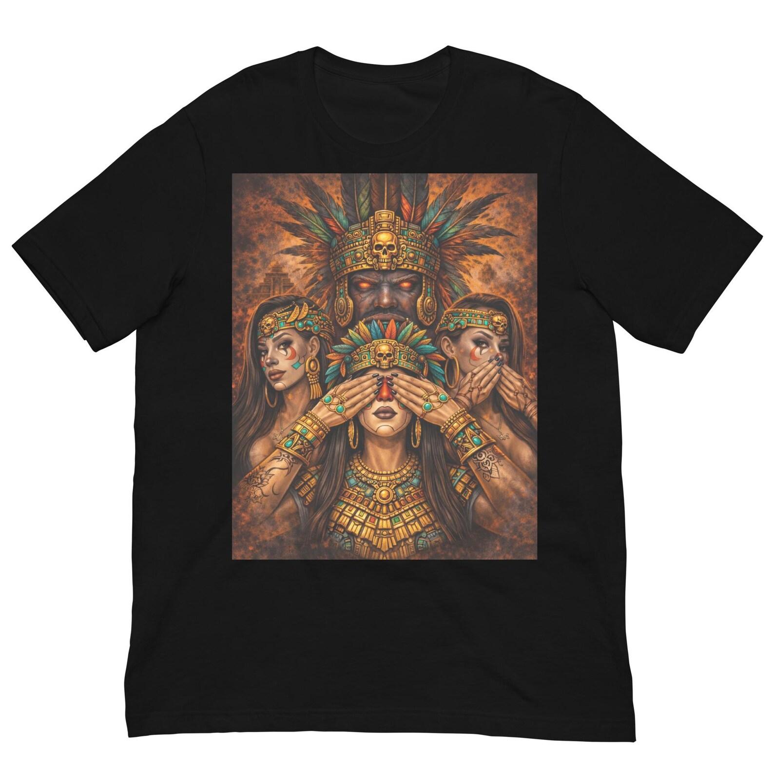 Aztec Three Wise Women T-Shirt, See No Evil Hear No Evil Speak No Evil Tribal Art Shirt XL