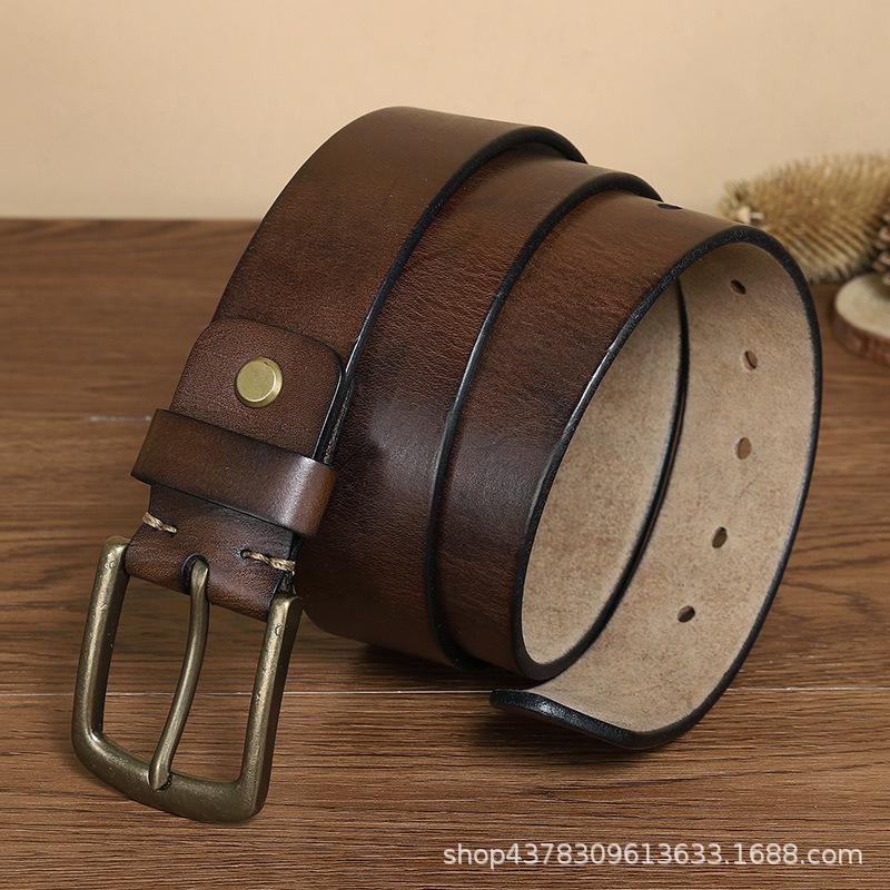 Personalized Fashion Trend Contrasting Spot Belt Men's Genuine Leather Needle Buckle Layer Cowhide Retro Pure Copper Denim Belt