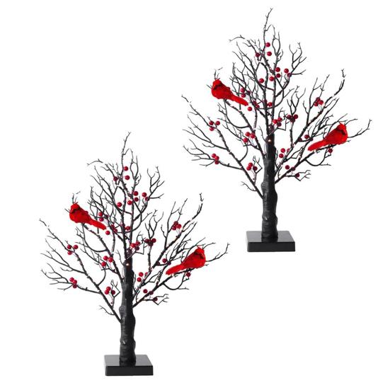 LED Vintage Glowing Tree with Cardinals Battery Operated Twinkle Trees Lamp with Lighted Branches Christmas Halloween Decorations