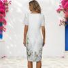 Women Plus Size Round Neck Short Sleeve Blue Green Smoke Printed Fitted Midi Dress