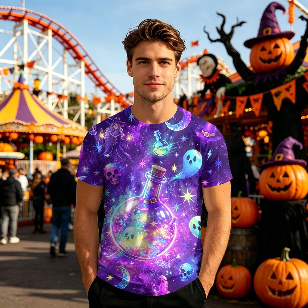 Unisex Halloween Graphic T Shirt Loose Fit Casual Short Sleeve Top Stained Glass Pattern Printed Tee for Everyday Wear