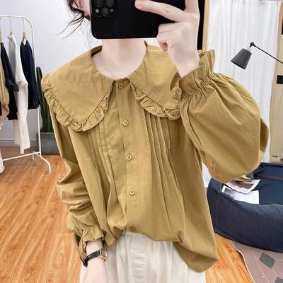 Autumn Lotus Leaf Sleeve Pure Cotton Doll Collar Long-sleeved Shirt Women's Top Retro Top Base
