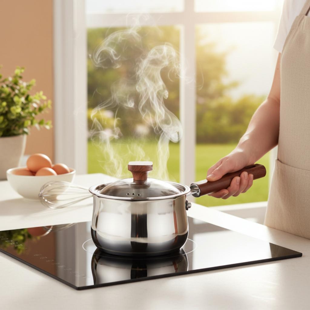 Infant Meal Pot Three-Layer Construction Stainless Steel Milk Pot Wood Handle Saucepan No Chemical Coatings Sauce Pan